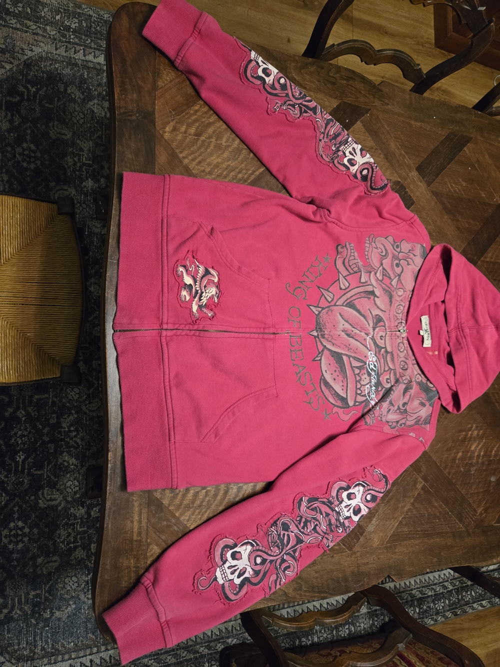 Ed Hardy Pink Full Zip Hooded Hoodie Skull Graphic Print Pockets Womens L